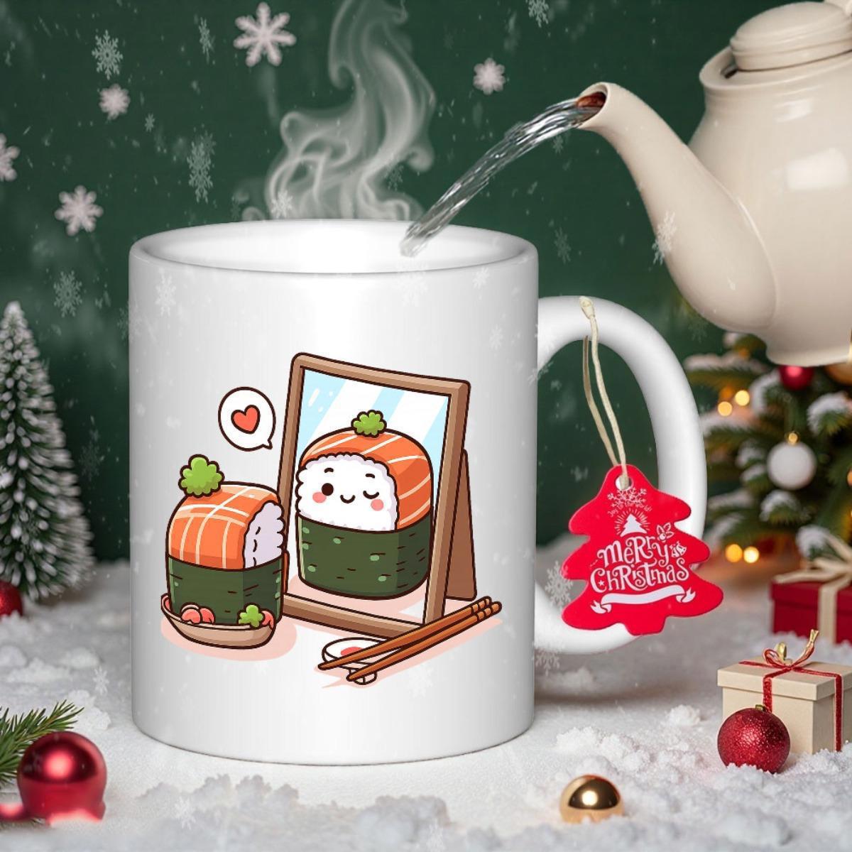 Tailorly White Ceramic 11 oz Mug - Kawaii Salmon Nigiri Looking Into A Mirror Among Miniature Wooden Chopsticks Sushi