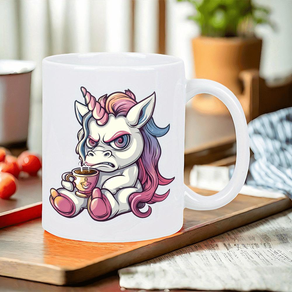 Tailorly White Ceramic 11 oz Mug - Grumpy Cartoon Creature With Colorful Mane Drinking Hot Coffee While Sitting Unicorn