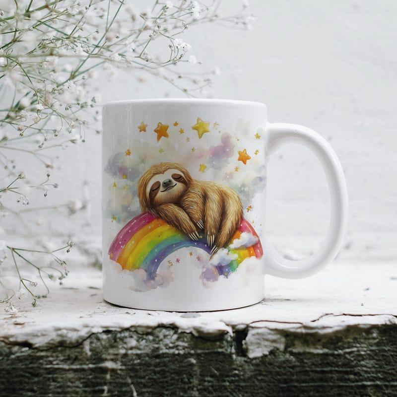 Tailorly White Ceramic 11 oz Mug - Peaceful Watercolor Sloth Resting Gently On A Vibrant Colorful Rainbow Sloth