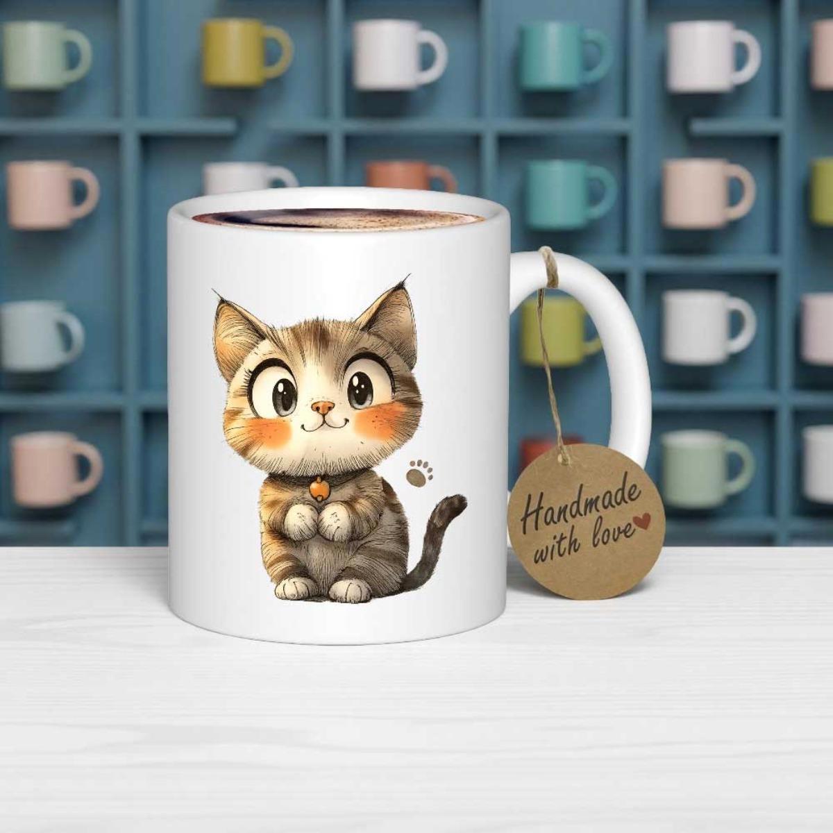 Tailorly White Ceramic 11 oz Mug - Handmade With Love Adorable Tabby Kitten With Large Expressive Eyes And Rosy Cheeks Cat