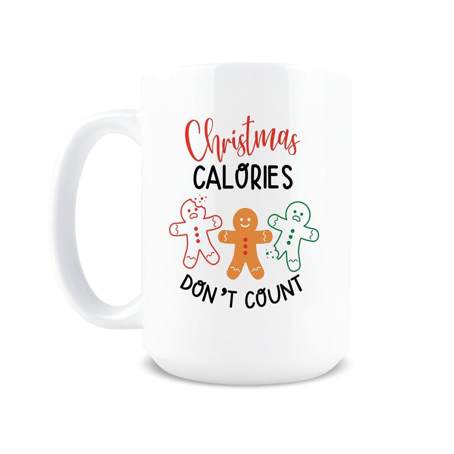 Tailorly White Ceramic 11 oz Mug - Christmas Calories Don't Count Three Colorful Festive Gingerbread Men With Bite Marks Standing Together Joyfully Gingerbread Man