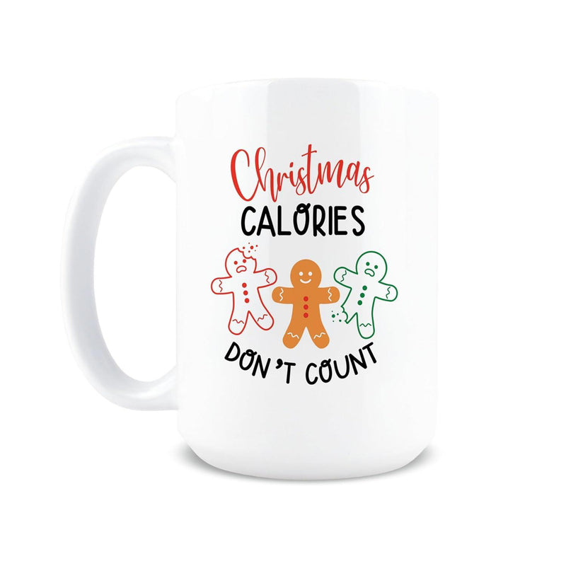 Tailorly White Ceramic 11 oz Mug - Christmas Calories Don't Count Three Colorful Festive Gingerbread Men With Bite Marks Standing Together Joyfully Gingerbread Man
