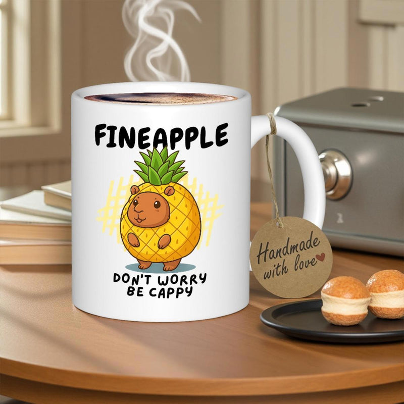 Tailorly White Ceramic 11 oz Mug - Fineapple Don't Worry Be Cappy Cute Cartoon Pineapple Styled Tropical Animal Illustration Capybara