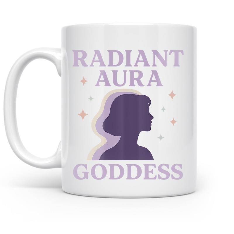 Tailorly White Ceramic 11 oz Mug - Radiant Aura Goddess Elegant Feminine Profile Silhouette Glowing Among Shimmering Twinkling Stars Goddess