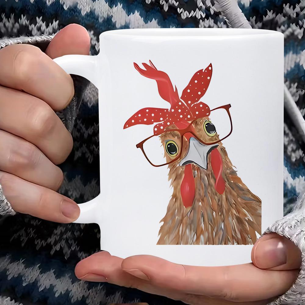 Tailorly White Ceramic 11 oz Mug - Funny Farm Animal Wearing Red Polka Dot Headband And Stylish Spectacles Chicken