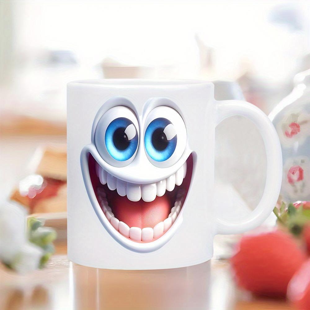 Tailorly White Ceramic 11 oz Mug - Animated 3D Cartoon Expression With Wide Grin And Big Blue Eyes Face