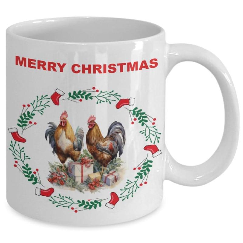 Tailorly White Ceramic 11 oz Mug - Merry Christmas Festive Green Wreath With Red Stockings And Gifts For Proud Roosters