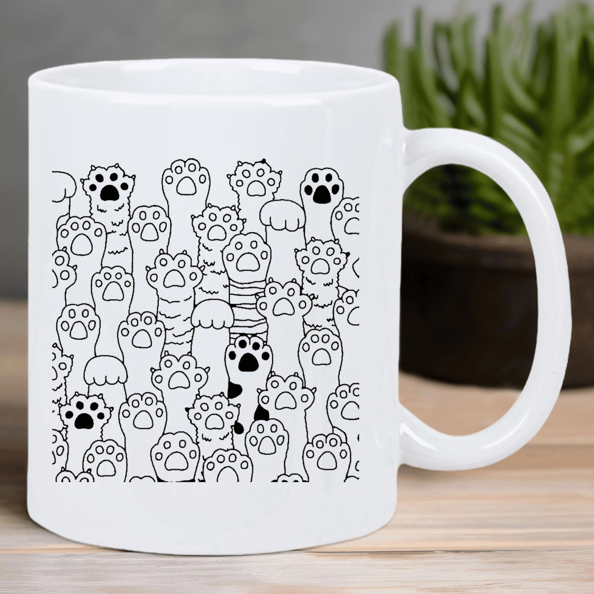 Tailorly White Ceramic 11 oz Mug - Minimalist Black And White Line Art Style Reaching Upwards Decorative Paws