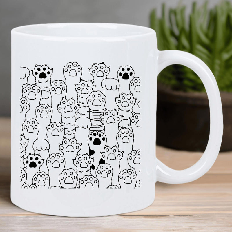 Tailorly White Ceramic 11 oz Mug - Minimalist Black And White Line Art Style Reaching Upwards Decorative Paws