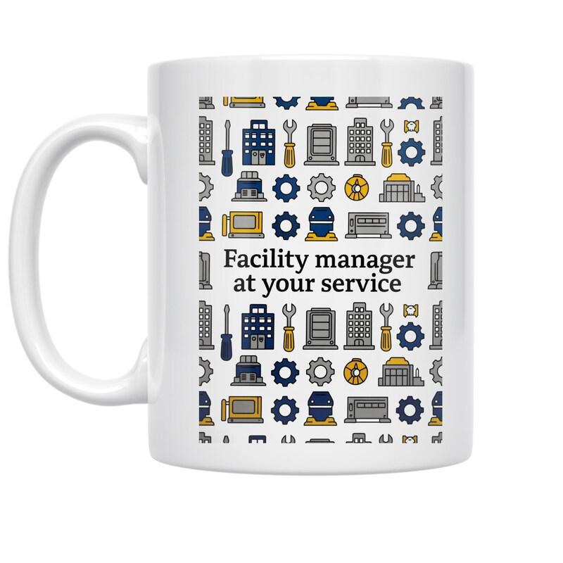 Tailorly White Ceramic 11 oz Mug - Facility Manager At Your Service Industrial Icons Of Gears Tools And Buildings Arranged In Repeating Grid Pattern