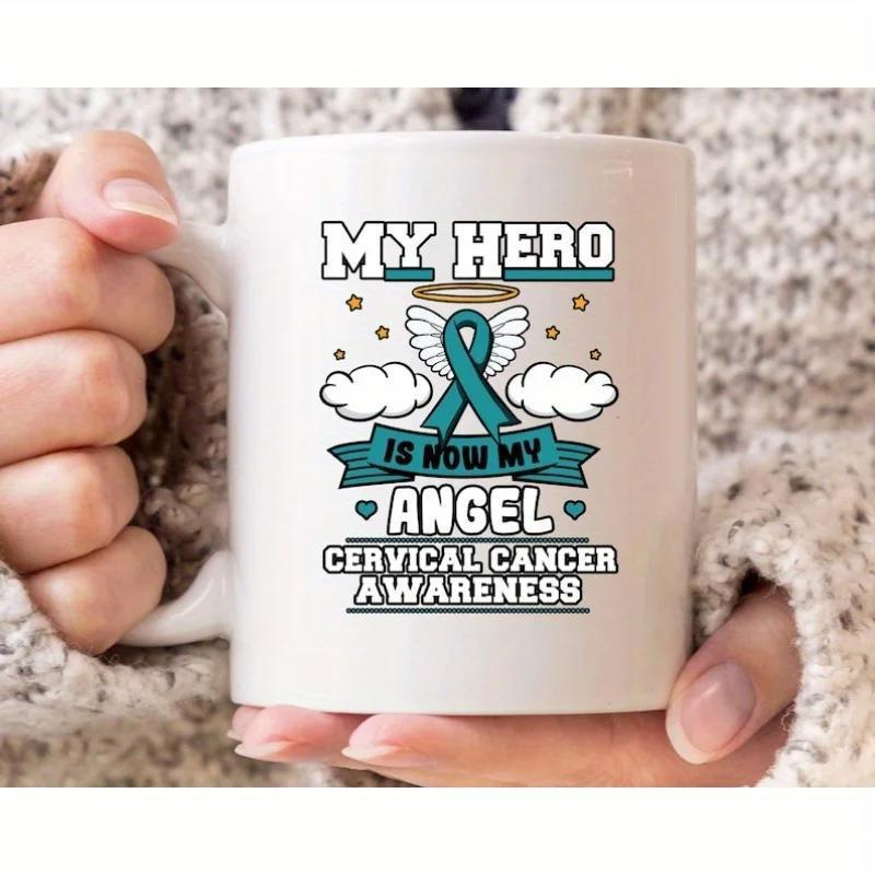 Tailorly White Ceramic 11 oz Mug - My Hero Is Now My Angel Cervical Cancer Awareness Teal Memorial Symbol With White Angelic Wings Floating Among Soft Clouds
