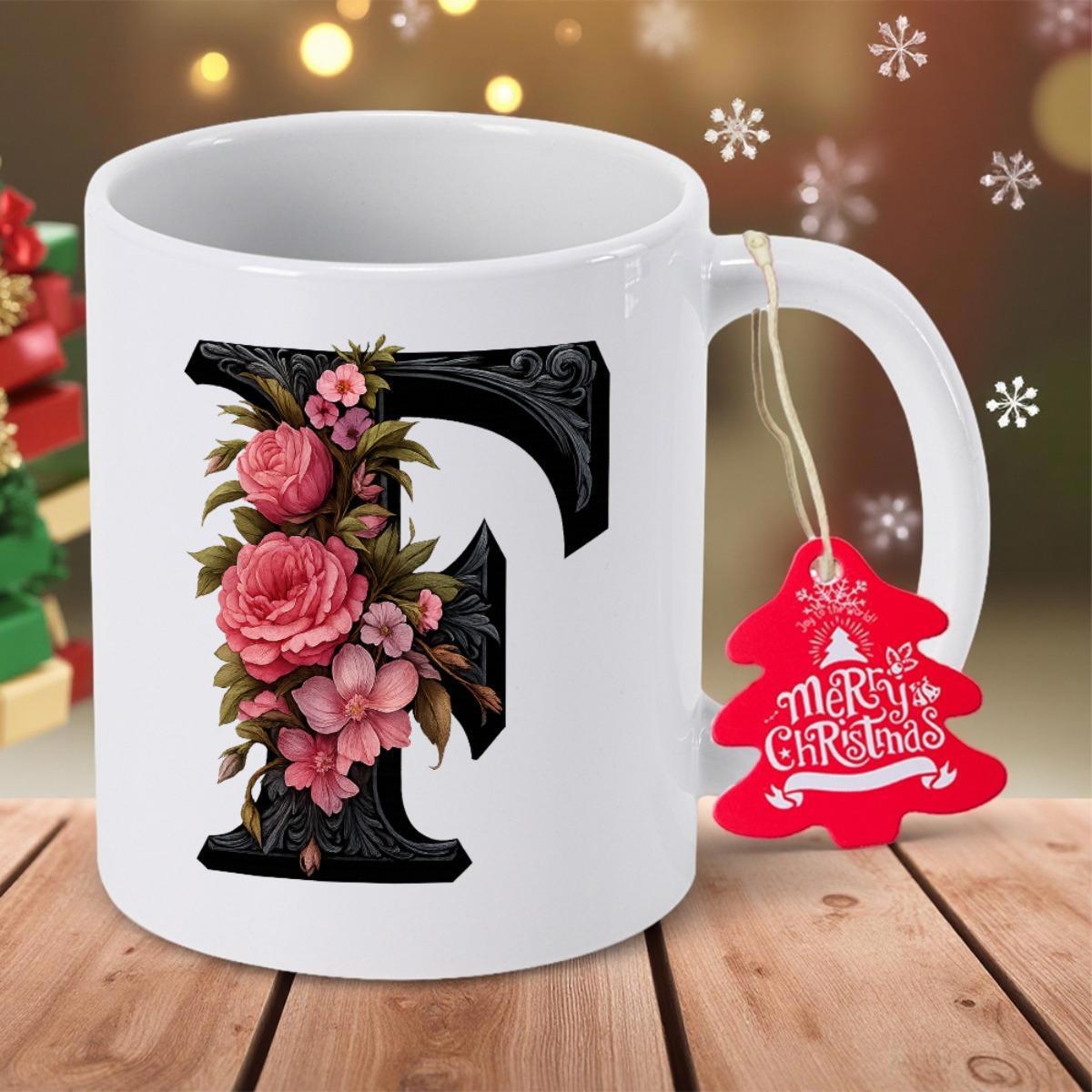 Tailorly White Ceramic 11 oz Mug - Merry Christmas Elegant Black Serif Initial Decorated With Blooming Pink Roses And Leaves Letter F
