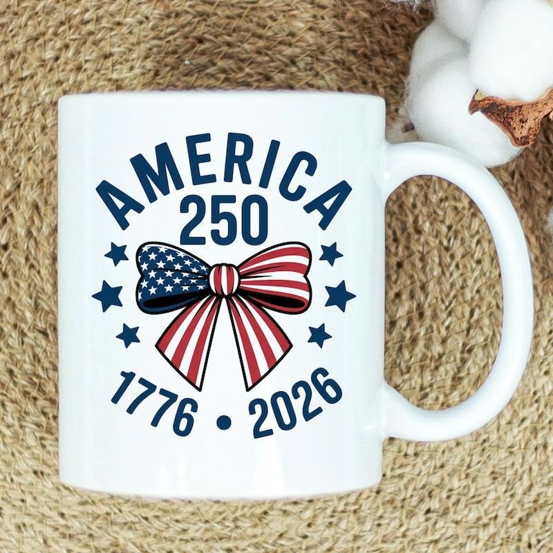 Tailorly White Ceramic 11 oz Mug - America 250 1776 2026 Rustic Patriotic Stars And Stripes Celebrating Independence Day Within A Decorative Bow