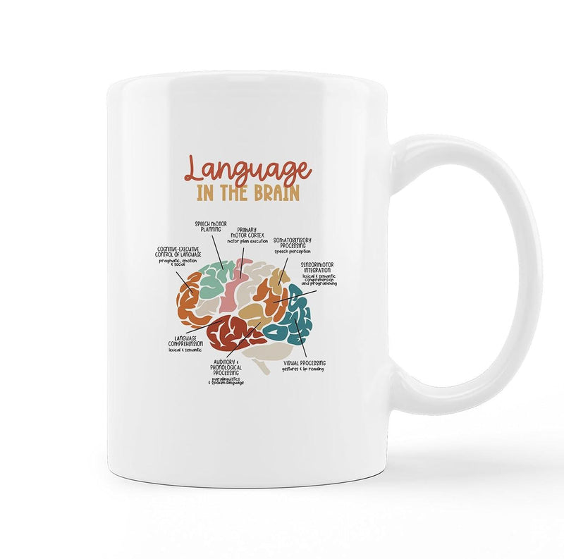 Tailorly White Ceramic 11 oz Mug - Language In The Brain Colorful Anatomical Human Brain Diagram With Scientific Function Labels On Pure White Brain