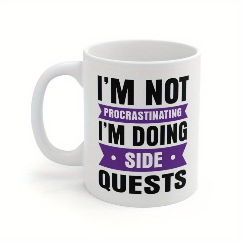 Tailorly White Ceramic 11 oz Mug - Im Not Procrastinating Im Doing Side Quests Minimalist White Ceramic Vessel With Bold Purple Ribbon Banner Typography Mug