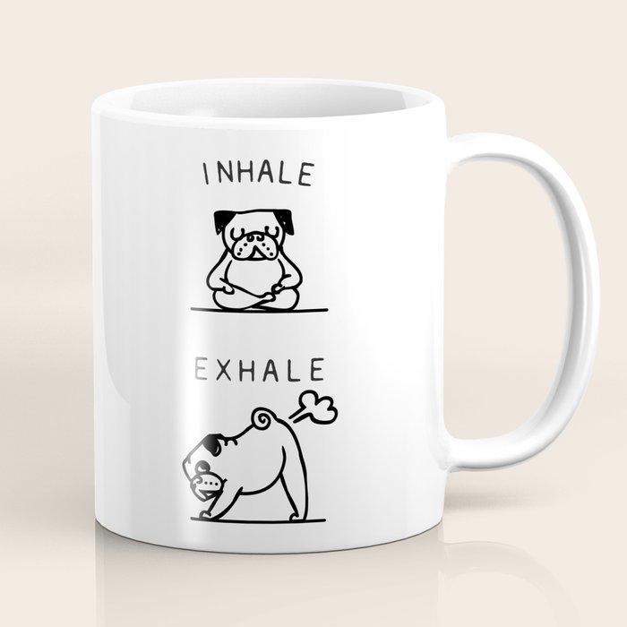 Tailorly White Ceramic 11 oz Mug - Inhale Exhale Funny Cartoon Dog Doing Yoga Poses While Farting In Minimalist Style Pug