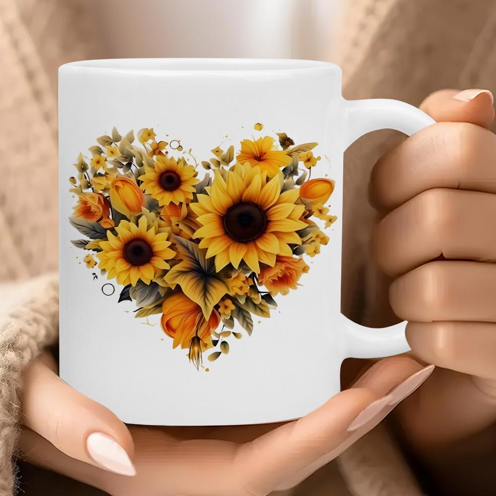 Tailorly White Ceramic 11 oz Mug - Vibrant Heart Shape Made Of Blooming Sunflowers And Delicate Green Leaves Sunflower