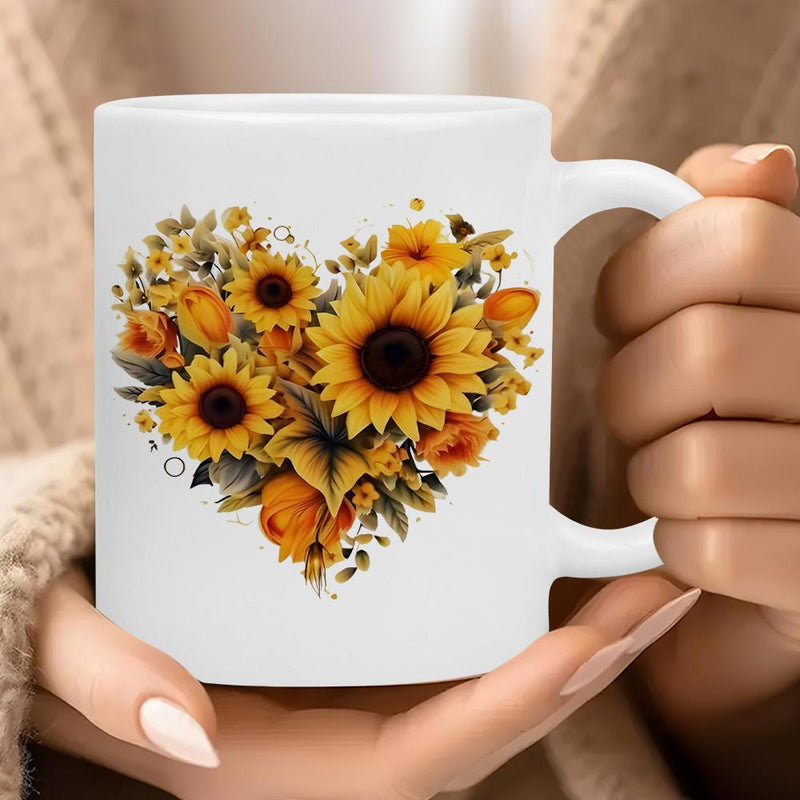 Tailorly White Ceramic 11 oz Mug - Vibrant Heart Shape Made Of Blooming Sunflowers And Delicate Green Leaves Sunflower