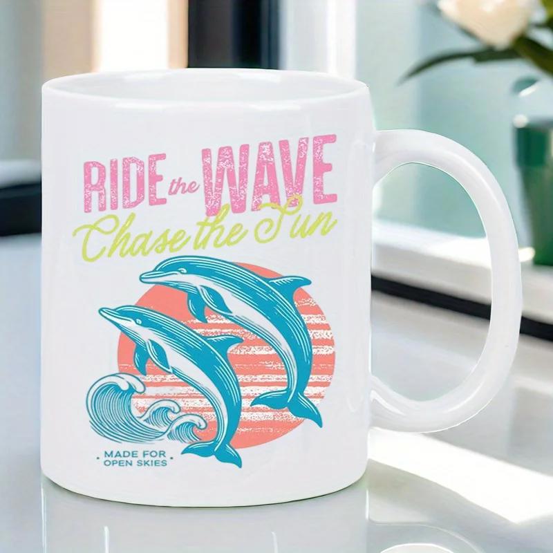 Tailorly White Ceramic 11 oz Mug - Ride The Wave Chase The Sun Made For Open Water Graceful Blue Dolphins Leaping Over Striped Retro Orange Sunset Waves Dolphin