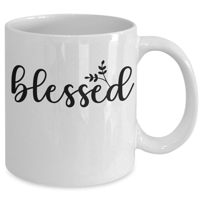 Tailorly White Ceramic 11 oz Mug - Blessed Minimalist Black Script Text Featuring A Delicate Floral Branch Motif Mug