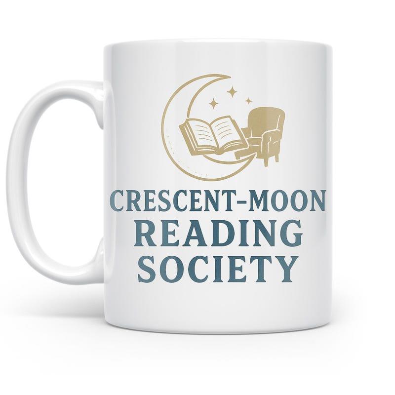 Tailorly White Ceramic 11 oz Mug - Crescent Moon Reading Society Minimalist Golden Line Art Featuring Open Book And Cozy Armchair Moon