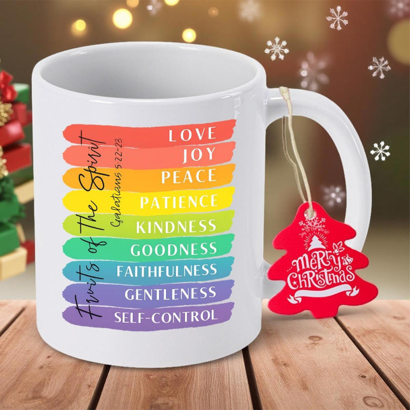 Tailorly White Ceramic 11 oz Mug - Fruits Of The Spirit Vibrant Colorful Brush Strokes Displaying Biblical Virtues Rainbow