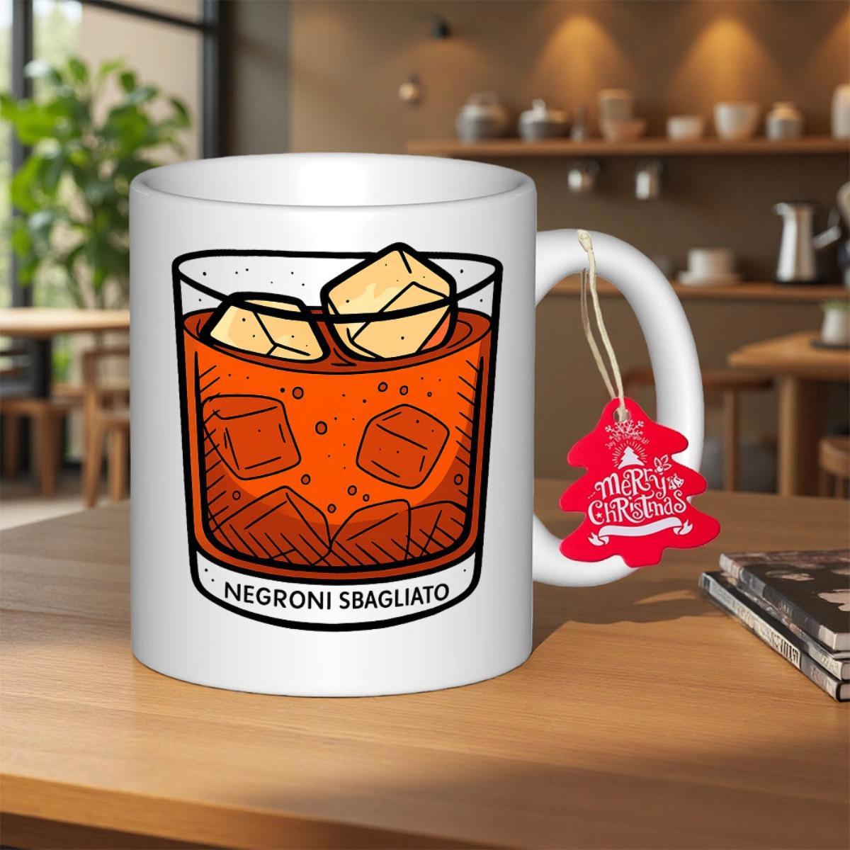 Tailorly White Ceramic 11 oz Mug - Negroni Sbagliato Vibrant Orange Cocktail With Floating Ice Cubes Inside Clear Glass Drink