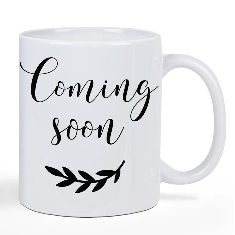 Tailorly White Ceramic 11 oz Mug - Coming Soon Minimalist Black Olive Branch With Elegant Cursive Script Text Branch