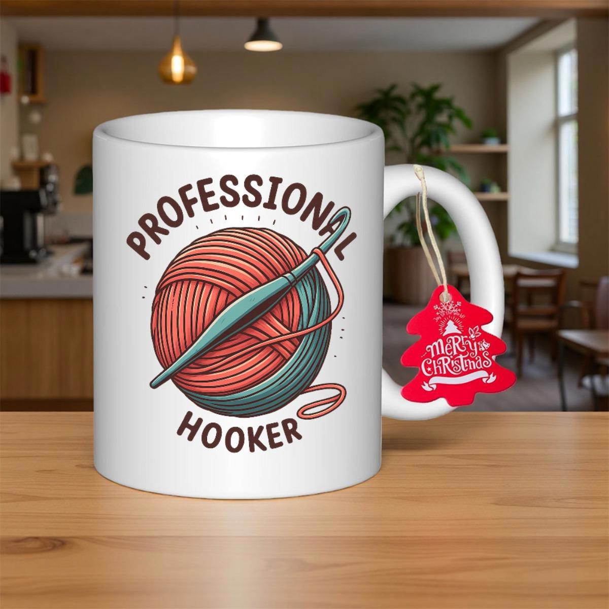 Tailorly White Ceramic 11 oz Mug - Professional Hooker Artistic Ball Of Wool Wrapped Tightly Around A Steel Crochet Needle Yarn Ball