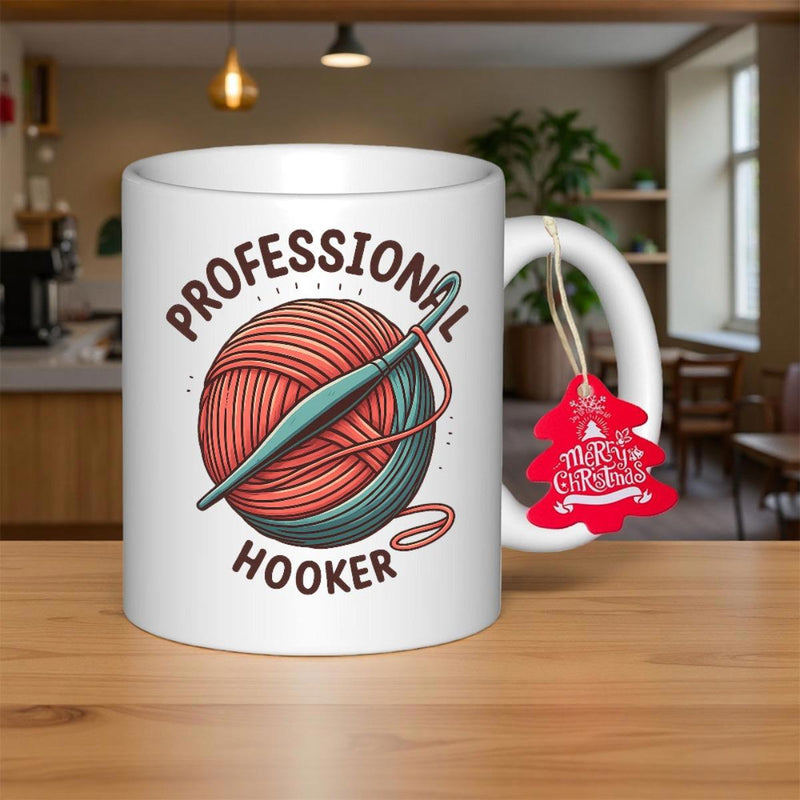 Tailorly White Ceramic 11 oz Mug - Professional Hooker Artistic Ball Of Wool Wrapped Tightly Around A Steel Crochet Needle Yarn Ball