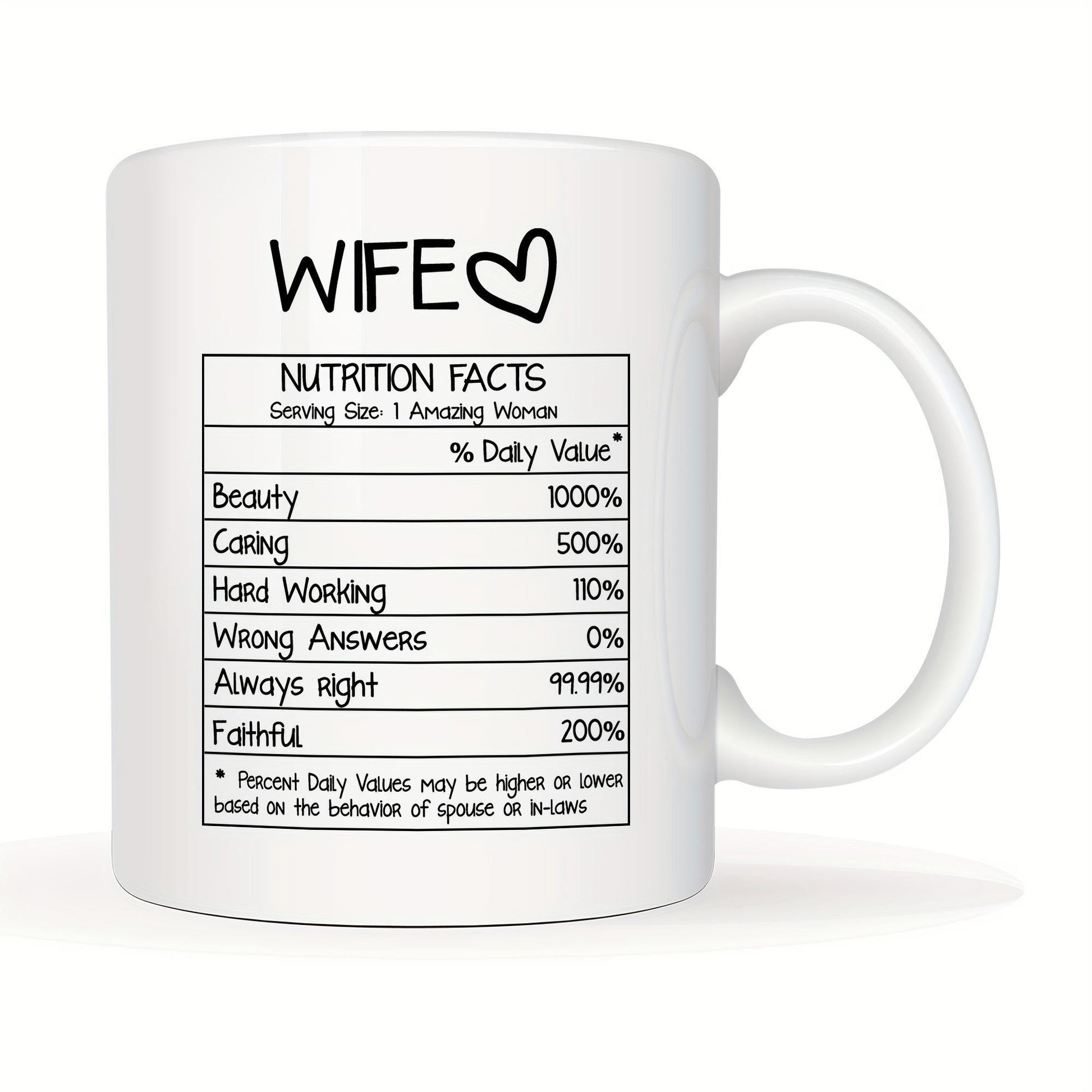 Tailorly White Ceramic 11 oz Mug - Wife Nutrition Facts Information Table With Heart Symbol Featuring Personalized Attributes Label