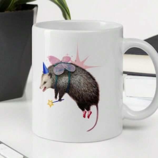 Tailorly White Ceramic 11 oz Mug - Whimsical Fairy Creature Floating With Magical Wings And Star Wand Opossum