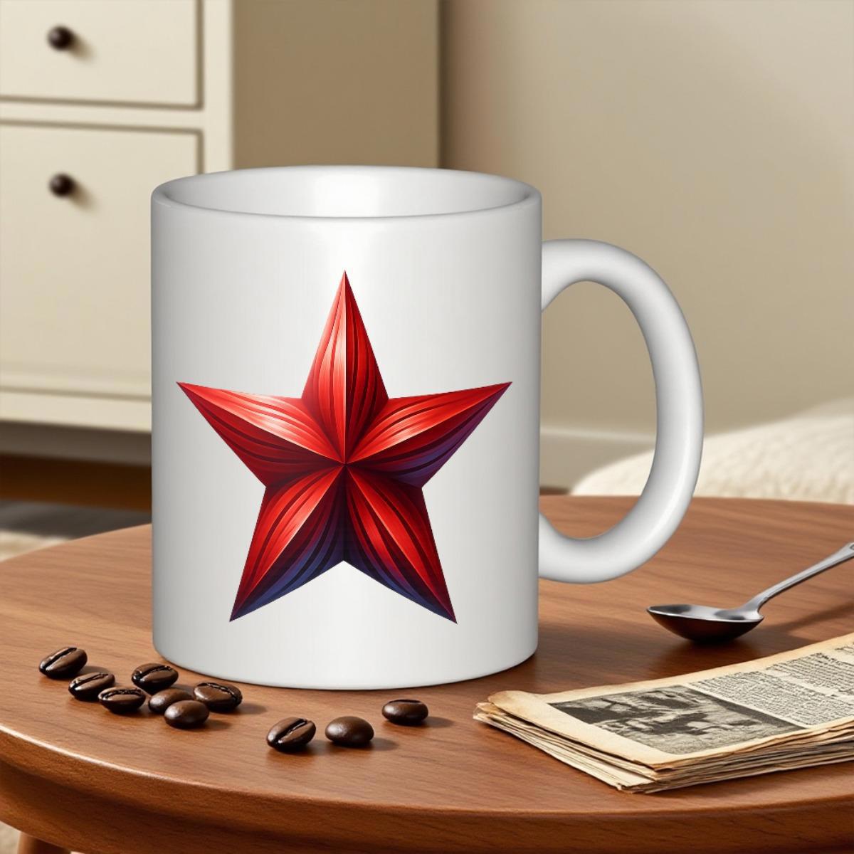 Tailorly White Ceramic 11 oz Mug - Three Dimensional Faceted Metallic Surface Pattern With Vibrant Red Crimson Tones Star