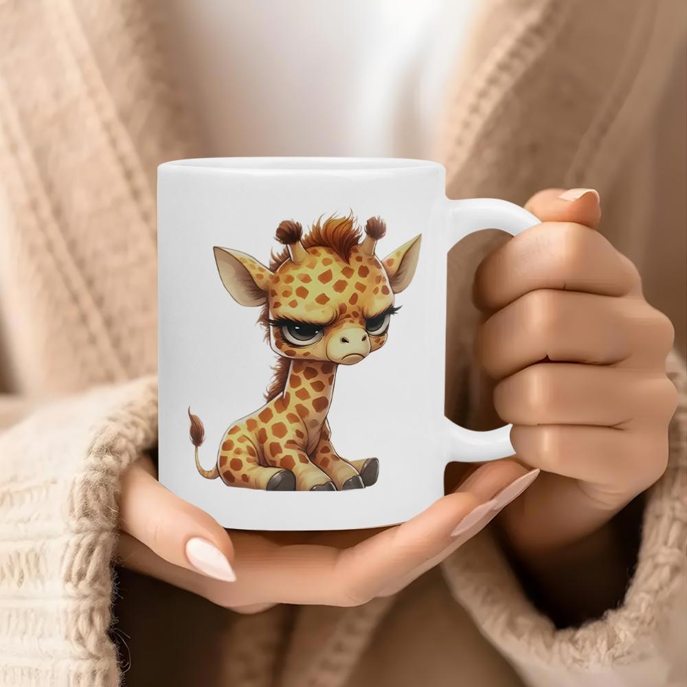 Tailorly White Ceramic 11 oz Mug - Adorable Baby Spotted Sitting With Grumpy Expression And Wide Eyes Giraffe