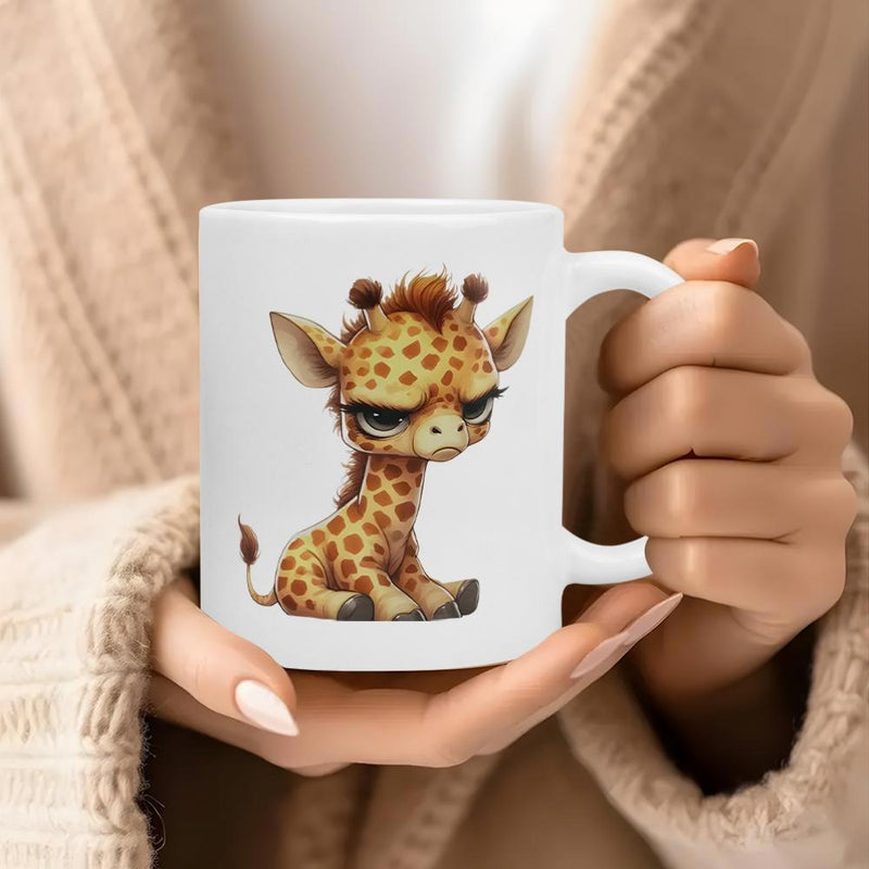 Tailorly White Ceramic 11 oz Mug - Adorable Baby Spotted Sitting With Grumpy Expression And Wide Eyes Giraffe