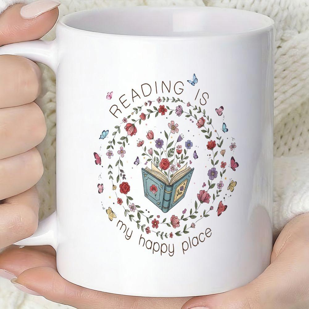 Tailorly White Ceramic 11 oz Mug - Reading Is My Happy Place Blooming Floral Wreath Around Open Illustrated Magic Book