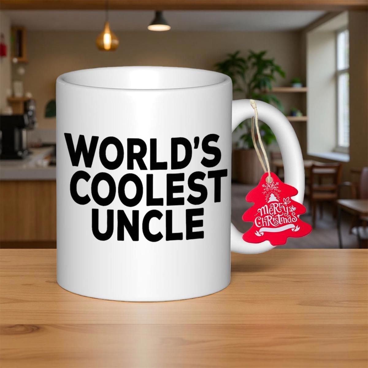 Tailorly White Ceramic 11 oz Mug - Worlds Coolest Uncle Bold Black Lettering Set Against A Clean Polished Surface
