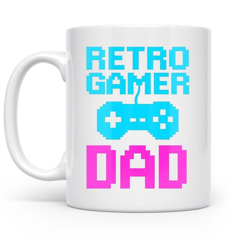 Tailorly White Ceramic 11 oz Mug - Retro Gamer Dad Pixelated Blue And Pink Retro Design Elements For Vintage Gaming Controller