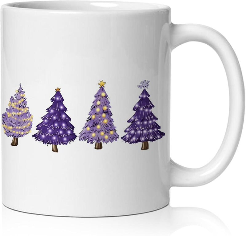 Tailorly White Ceramic 11 oz Mug - Whimsical Watercolor Purple Evergreens Decorated With Sparkling Festive Fairy Lights Christmas Tree
