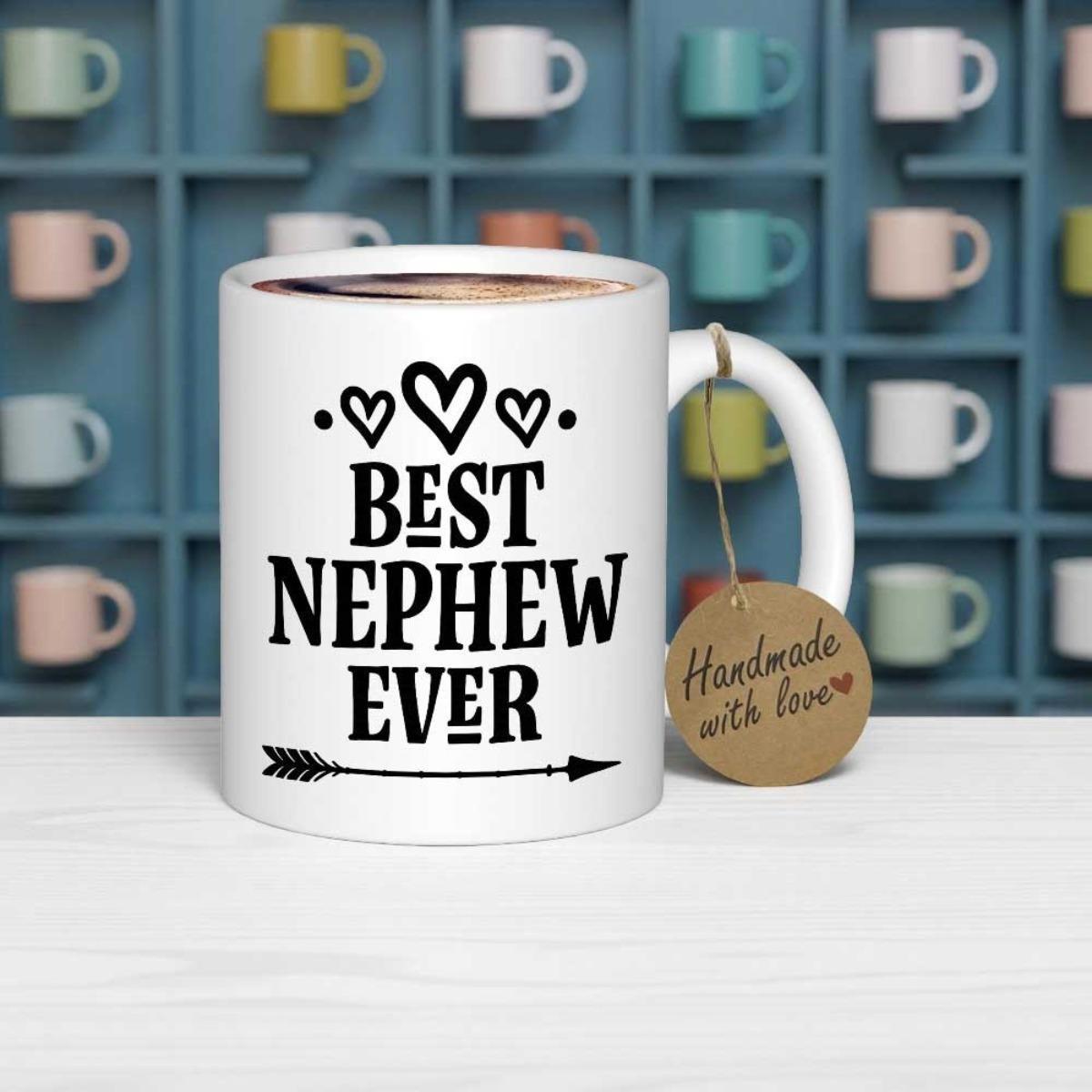 Tailorly White Ceramic 11 oz Mug - Best Nephew Ever Three Small Hearts Placed Above Bold Distressed Text Over A Long Pointed Arrow
