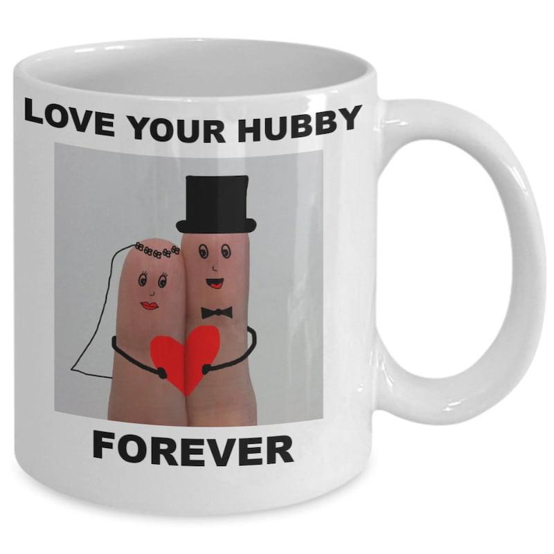 Tailorly White Ceramic 11 oz Mug - Love Your Hubby Forever Two Finger Characters Dressed As Bride And Groom Holding Red Heart Finger