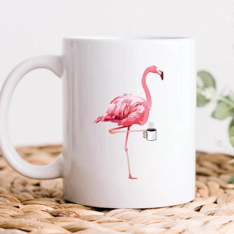 Tailorly White Ceramic 11 oz Mug - Graceful Pink Tropical Bird Standing On One Leg Holding Hot Coffee Flamingo