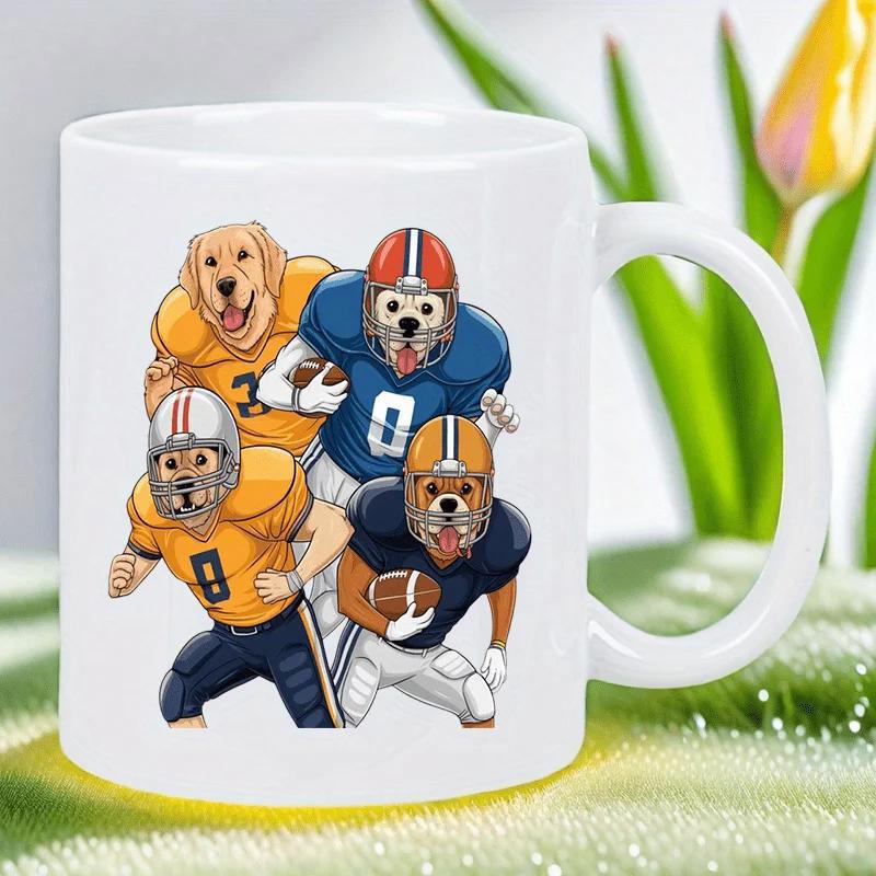 Tailorly White Ceramic 11 oz Mug - Sporty Cartoon Characters Running With Football Helmets And Colorful Jerseys Dogs