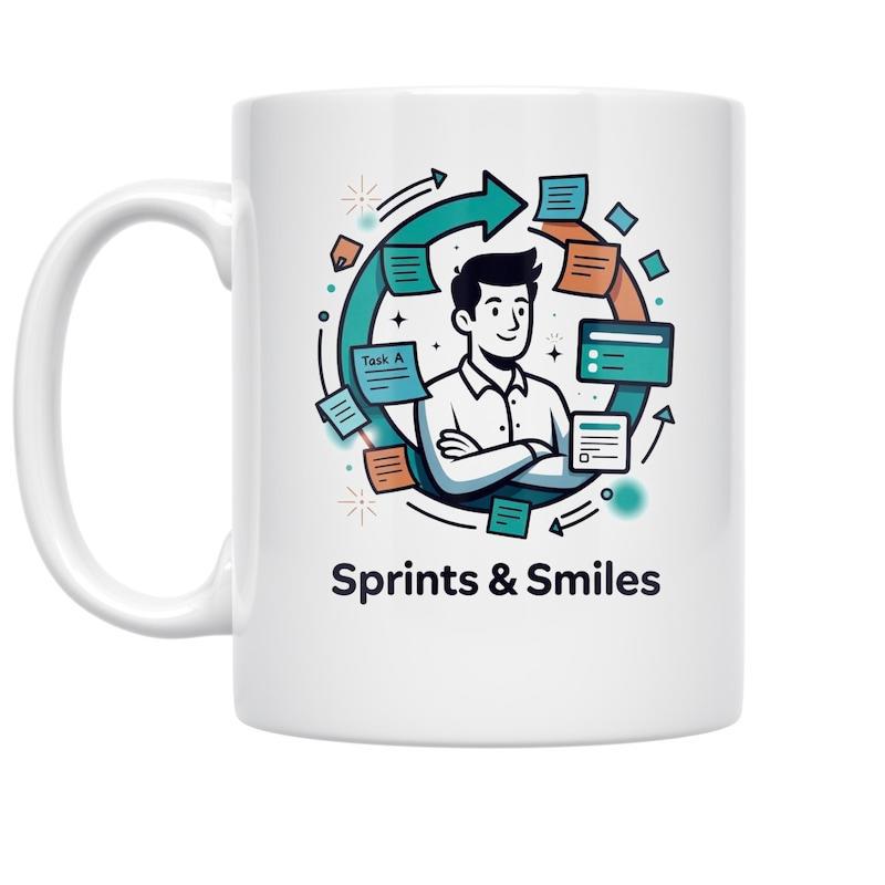 Tailorly White Ceramic 11 oz Mug - Sprints Smiles Professional Worker Surrounded By Creative Task Notes And Circular Arrow Man