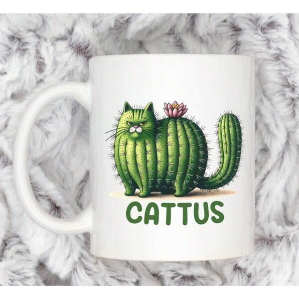 Tailorly White Ceramic 11 oz Mug - Cattus Whimsical Green Prickly Cactus Hybrid With Grumpy Face And Blooming Flower Cat