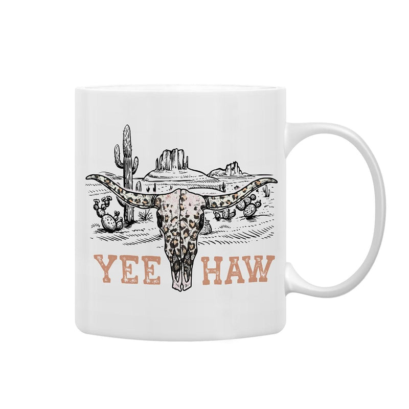 Tailorly White Ceramic 11 oz Mug - Yee Haw Rustic Desert Landscape Featuring Cactus And Mountains Behind A Longhorn Skull