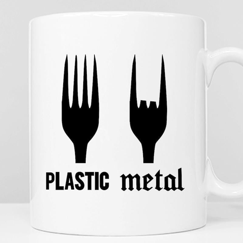 Tailorly White Ceramic 11 oz Mug - Plastic Metal Minimalist Black Silhouettes Of Kitchen Utensils Showcasing A Musical Rock Pun Fork