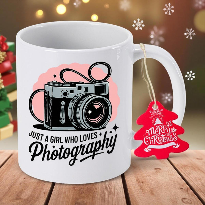 Tailorly White Ceramic 11 oz Mug - Just A Girl Who Loves Photography Retro Vintage Camera Resting Against A Soft Pink Circular Backdrop Camera