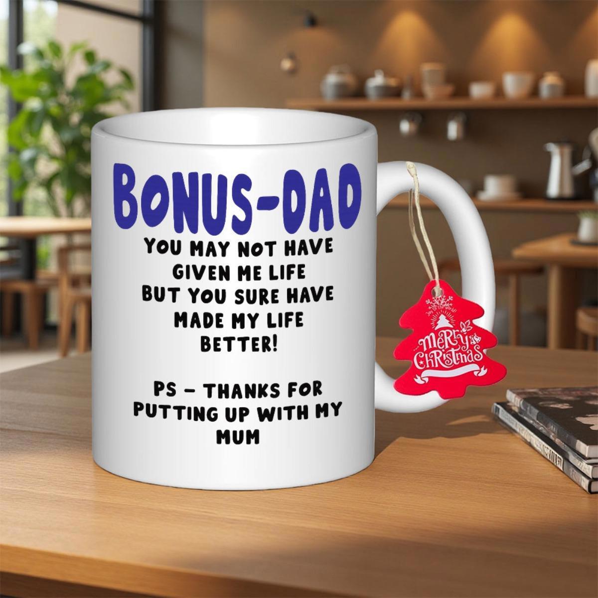 Tailorly White Ceramic 11 oz Mug - Bonus Dad Clean Blue And Black Typography On White Minimalist Surface Mug
