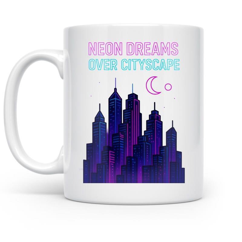 Tailorly White Ceramic 11 oz Mug - Neon Dreams Over Cityscape Modern Purple Skyline Silhouette Under Crescent Moon With Shimmering Stars Cityscape